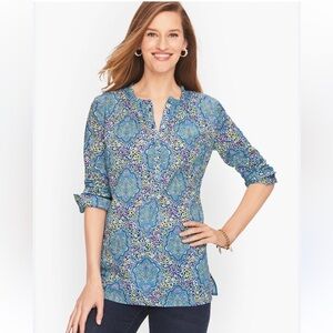 Talbots Long Sleeve Pink Blue Pattern Ruffle Neck Pintuck Popover P211075305- M